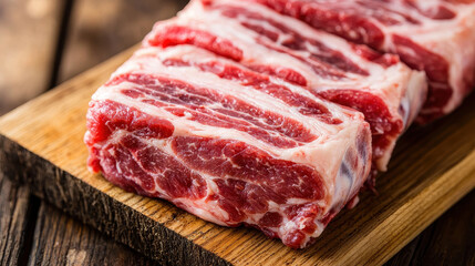 Fototapeta premium Fresh pork belly slices on wooden board, showcasing marbled texture