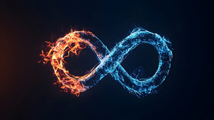Abstract Infinity Symbol Formed By Orange And Blue Particles Against A Dark Background