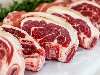 Fresh cuts of marbled beef on display at butcher shop