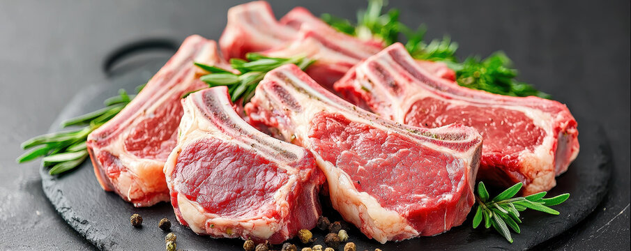 Fresh lamb chops with herbs and spices on slate board - Powered by Adobe