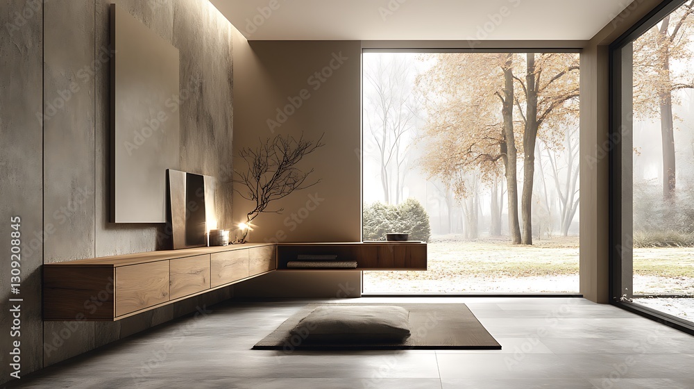Poster Sitting in a room on a mat in front of a window with trees in the background