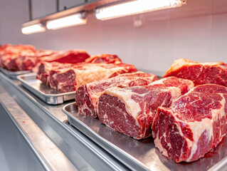 Fototapeta premium Fresh cuts of beef displayed on trays in butcher shop