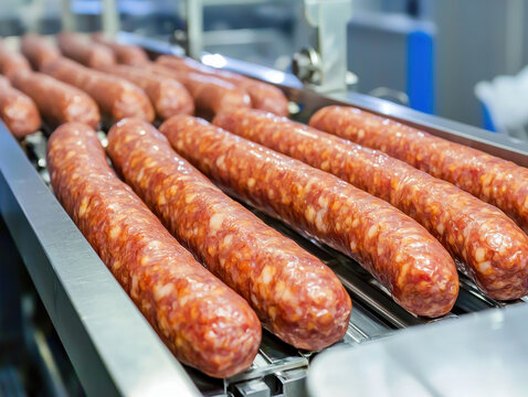 Fresh sausages on production line in modern factory setting