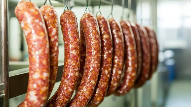 Freshly hung sausages in hygienic meat curing process
