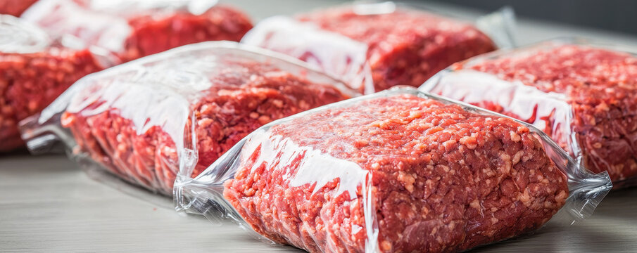 Fresh ground beef hygienically packaged in vacuum sealed bags