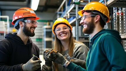 Electrical apprentices in safety helmets and work gloves laugh together while explaining their circuit board project to an instructor, surrounded by an array of technical equipment - Powered by Adobe