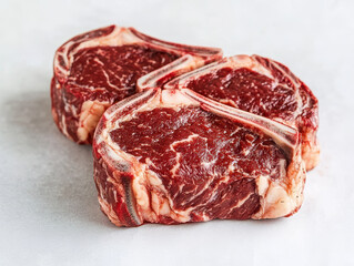 Two raw beef steaks with marbling on white surface