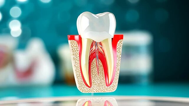 Cross-sectional diagram of a healthy human tooth in gums, showcasing enamel, root, crown, and nerve, used for patient education in dental clinics.