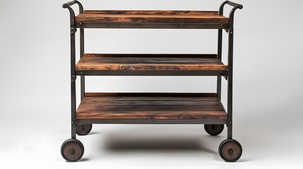 A rustic industrial-style rolling bar cart with wooden shelves and metal wheels, displayed against a clean background