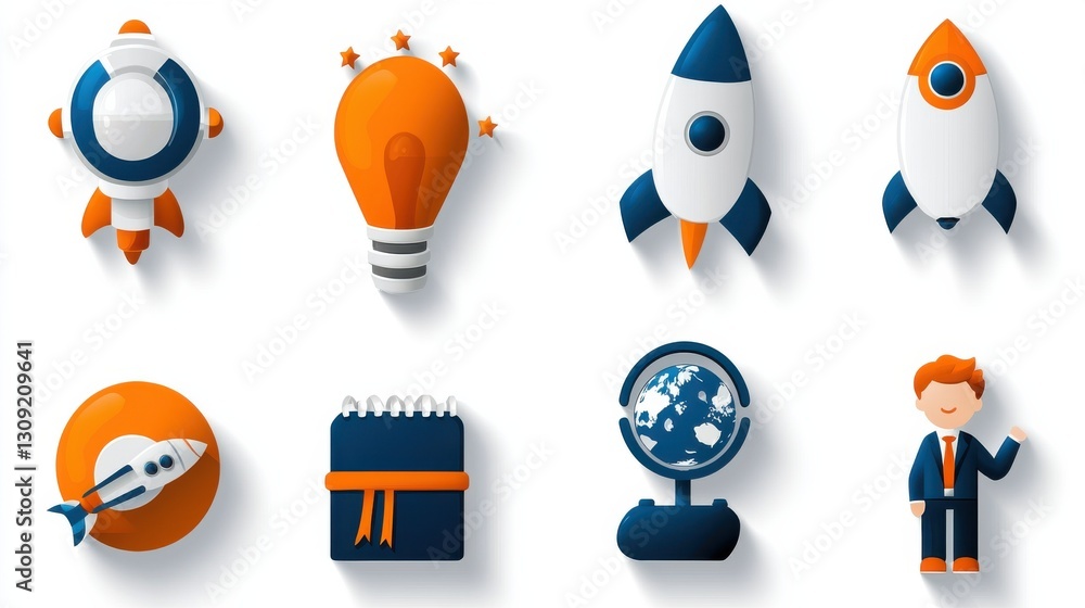Poster innovative startup concepts represented by a rocket ship and light bulb icons symbolizing creativity