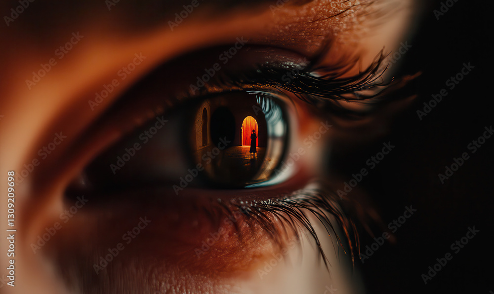Poster exploring the depths of perception: a surreal journey through reflection and emotion in an eye