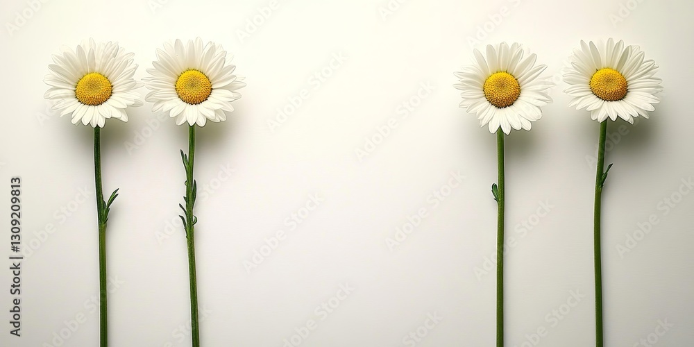 Poster four white daisies on a bright plain background with copy space for adding your text.