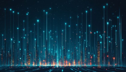 Futuristic Cityscape at Night with Glowing Network, Interconnected Nodes, and Illuminated Buildings