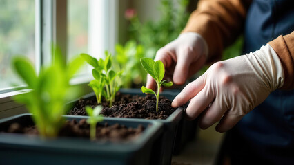Gloved hands take care of plant seedlings in boxes on the windowsill.