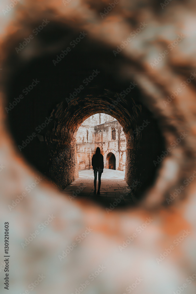 Poster exploring historic architecture: a journey through the shadowed tunnel of time