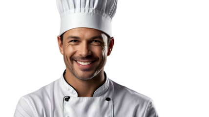 portrait of a chef, Portrait of a smiling handsome chef with a hat, isolated on white background