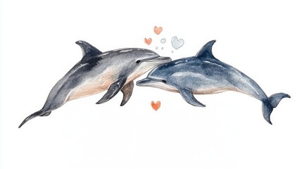 Fototapeta premium Two Dolphins in Love with Hearts and Whimsical Colors Watercolor