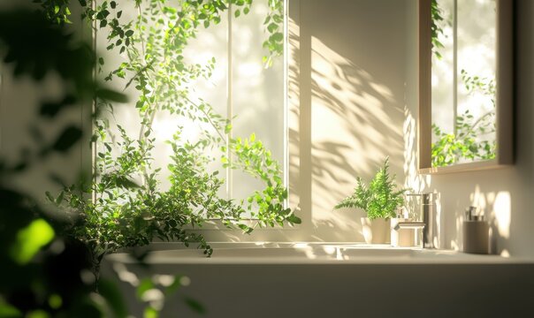 Minimalist bathroom with fresh greenery and soft neutral tones, sunlight pouring in through a large windo