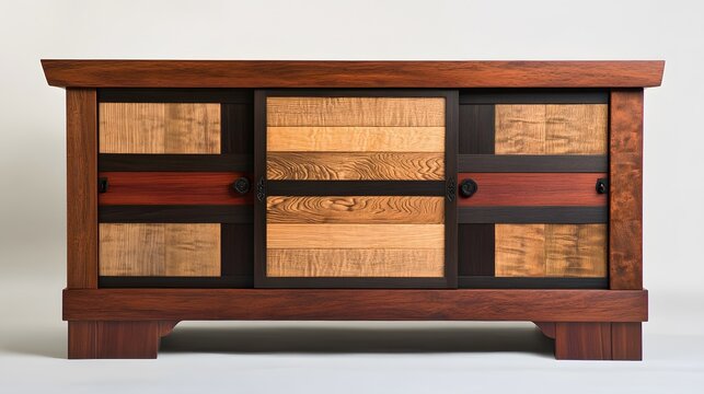 A handcrafted Japanese-style tansu chest with sliding doors and hidden compartments, positioned alone