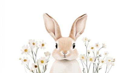 Obraz premium Adorable Rabbit Surrounded by White Flowers on a Bright Background Watercolor