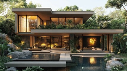 Modern jungle house, infinity pool, warm lighting
