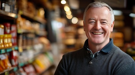 Fototapeta premium Smiling man in store aisle. Shelves visible. Portrait ad/marketing