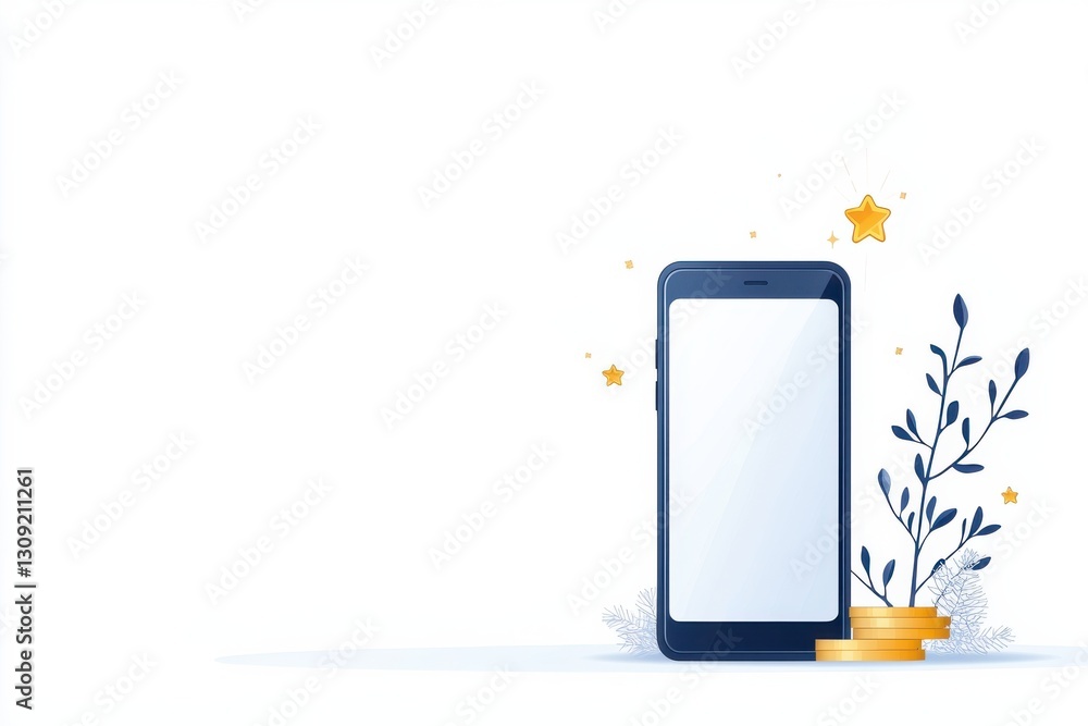 Poster minimalist and clean smartphone screen mockup with natural elements like leaves flowers and stars in