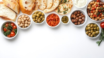 Assorted Appetizers with Bread and Dips on White Background