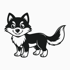 Black silhouette cute baby little wolf cartoon on white background