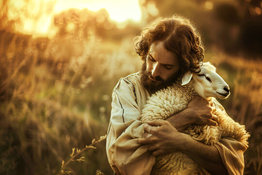 Jesus carries a lost sheep in his arms	