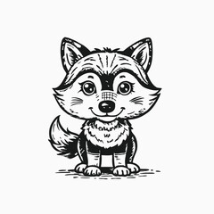 Black silhouette cute baby little wolf cartoon on white background