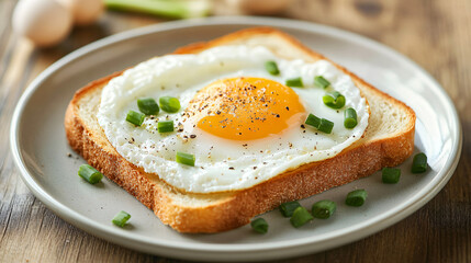 Delicious Fried Egg on Toast with Fresh Green Onions and Seasoning