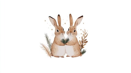Fototapeta premium Two Cute Rabbits Surrounded by Pine Branches and Leaves Illustration Watercolor