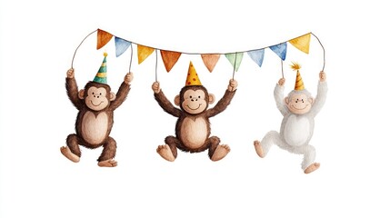 Happy Monkeys Celebrating with Colorful Banners and Party Hats Watercolor