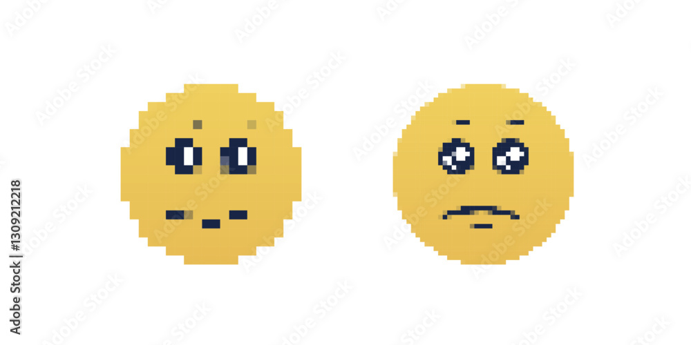 Poster two pixel art emoticons showcase different emotions with distinct happy and sad facial expressions.