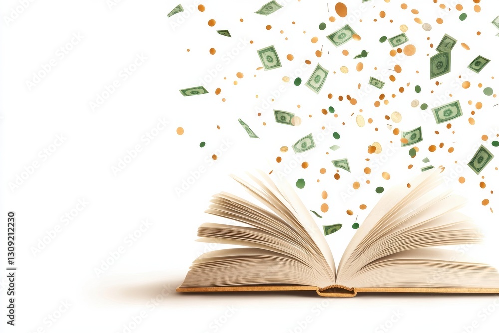 Poster open book with flying pages and various educational elements and icons floating around on a clean wh