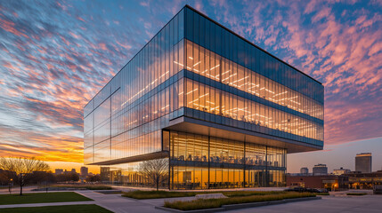 Obraz premium Modern office building reflects sunset colors in vibrant city skyline backdrop