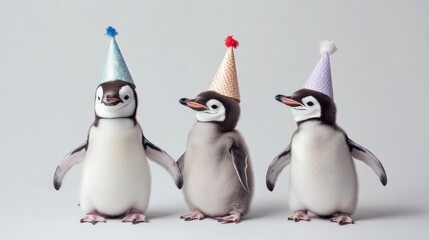 Obraz premium Adorable Baby Penguins in Colorful Party Hats Celebrating Together