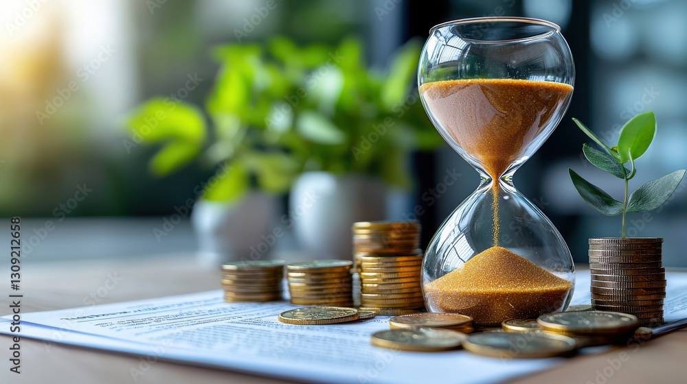 Poster hourglass and coins on financial report table with leaf and blurred nature background symbolizing ti