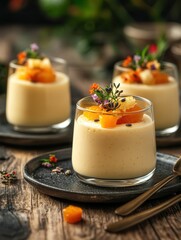 Delight in a creamy lavender citrus mousse artfully presented on rustic plates with a garden of edible flowers. Generative AI