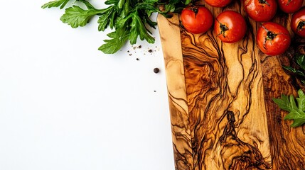 Cherry tomatoes, parsley, olive board, white background, cooking