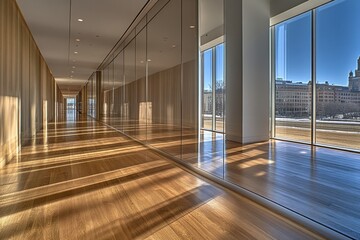 Bright Modern Hallway with Glass Walls and Beautiful Wooden Floor