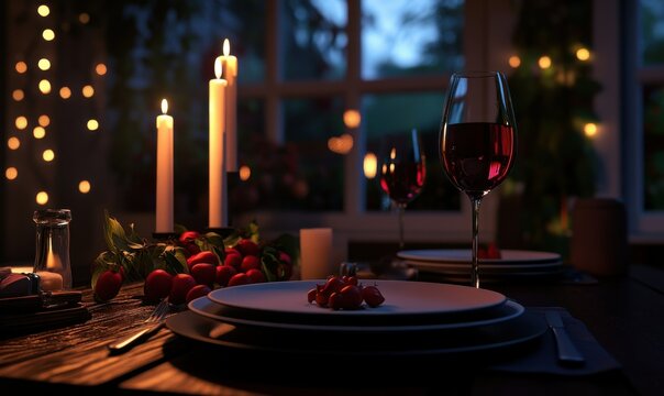 Romantic dinner setting with fine dining plates, red wine, and glowing candles on a dark wooden table, creating an intimate and luxurious atmosphere