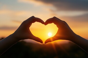 Hands Forming Heart Shape Against Beautiful Sunset Background