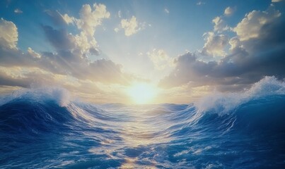 Fototapeta premium Blue ocean waves crashing gently on the shore under a vibrant sky illuminated by bright sunlight creating a serene and powerful seascape