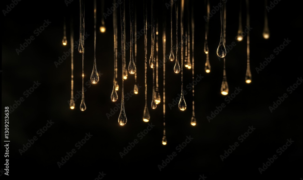 Poster close-up of droplets cascading down a glossy black surface, illuminated by moody backlighting creati