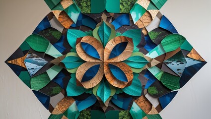 Geometric paper collage with nature themes in greens, blues, browns, in a symmetrical design
