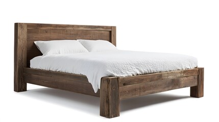Rustic Bedroom Haven: A sturdy, wooden bed takes center stage, featuring a headboard, cozy duvet, and pillows, promising comfort and serenity.