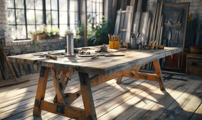 Rustic table covered in old tools and woodwork, telling a story of craftsmanship and tradition .