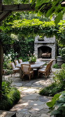 Obraz premium Garden with a stone patio, dining table, and chairs surrounded by lush greenery in front of an outdoor fireplace 
